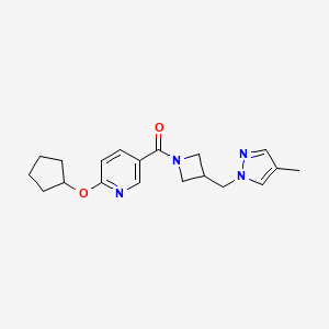 molecular formula C19H24N4O2 B6462301 2-(cyclopentyloxy)-5-{3-[(4-methyl-1H-pyrazol-1-yl)methyl]azetidine-1-carbonyl}pyridine CAS No. 2549009-73-4