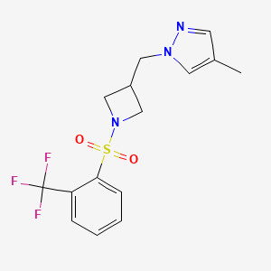 molecular formula C15H16F3N3O2S B6462700 4-methyl-1-({1-[2-(trifluoromethyl)benzenesulfonyl]azetidin-3-yl}methyl)-1H-pyrazole CAS No. 2549050-93-1