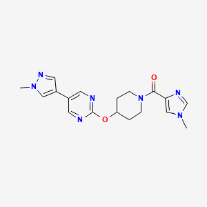 molecular formula C18H21N7O2 B6462741 2-{[1-(1-methyl-1H-imidazole-4-carbonyl)piperidin-4-yl]oxy}-5-(1-methyl-1H-pyrazol-4-yl)pyrimidine CAS No. 2549052-92-6