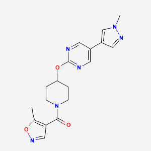 molecular formula C18H20N6O3 B6462868 2-{[1-(5-methyl-1,2-oxazole-4-carbonyl)piperidin-4-yl]oxy}-5-(1-methyl-1H-pyrazol-4-yl)pyrimidine CAS No. 2549029-83-4