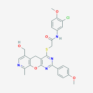 molecular formula C28H25ClN4O5S B6462913 N-(3-chloro-4-methoxyphenyl)-2-{[11-(hydroxymethyl)-5-(4-methoxyphenyl)-14-methyl-2-oxa-4,6,13-triazatricyclo[8.4.0.0?,?]tetradeca-1(10),3(8),4,6,11,13-hexaen-7-yl]sulfanyl}acetamide CAS No. 2549015-43-0