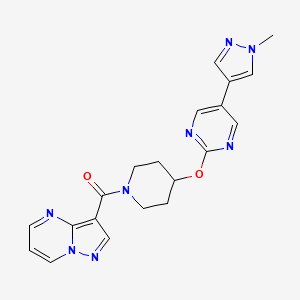 molecular formula C20H20N8O2 B6463026 5-(1-methyl-1H-pyrazol-4-yl)-2-[(1-{pyrazolo[1,5-a]pyrimidine-3-carbonyl}piperidin-4-yl)oxy]pyrimidine CAS No. 2549023-18-7