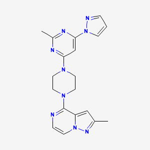 molecular formula C19H21N9 B6476321 2-methyl-4-(4-{2-methylpyrazolo[1,5-a]pyrazin-4-yl}piperazin-1-yl)-6-(1H-pyrazol-1-yl)pyrimidine CAS No. 2640977-09-7