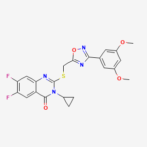 molecular formula C22H18F2N4O4S B6477840 3-cyclopropyl-2-({[3-(3,5-dimethoxyphenyl)-1,2,4-oxadiazol-5-yl]methyl}sulfanyl)-6,7-difluoro-3,4-dihydroquinazolin-4-one CAS No. 2640830-92-6