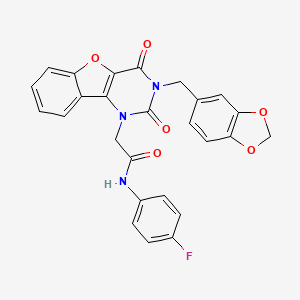 2-{5-[(2H-1,3-benzodioxol-5-yl)methyl]-4,6-dioxo-8-oxa-3,5-diazatricyclo[7.4.0.0^{2,7}]trideca-1(9),2(7),10,12-tetraen-3-yl}-N-(4-fluorophenyl)acetamide