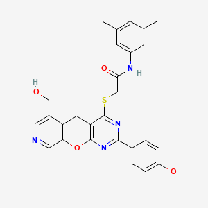 molecular formula C29H28N4O4S B6478276 N-(3,5-dimethylphenyl)-2-{[11-(hydroxymethyl)-5-(4-methoxyphenyl)-14-methyl-2-oxa-4,6,13-triazatricyclo[8.4.0.0^{3,8}]tetradeca-1(10),3(8),4,6,11,13-hexaen-7-yl]sulfanyl}acetamide CAS No. 892382-04-6