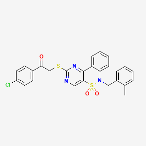 molecular formula C26H20ClN3O3S2 B6478341 4-{[2-(4-chlorophenyl)-2-oxoethyl]sulfanyl}-9-[(2-methylphenyl)methyl]-8lambda6-thia-3,5,9-triazatricyclo[8.4.0.0^{2,7}]tetradeca-1(14),2(7),3,5,10,12-hexaene-8,8-dione CAS No. 895101-43-6