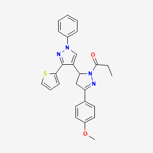 molecular formula C26H24N4O2S B6478608 1-[5-(4-methoxyphenyl)-1'-phenyl-3'-(thiophen-2-yl)-3,4-dihydro-1'H,2H-[3,4'-bipyrazole]-2-yl]propan-1-one CAS No. 876942-65-3