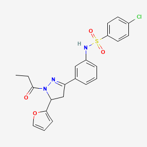 molecular formula C22H20ClN3O4S B6478622 4-chloro-N-{3-[5-(furan-2-yl)-1-propanoyl-4,5-dihydro-1H-pyrazol-3-yl]phenyl}benzene-1-sulfonamide CAS No. 923218-07-9