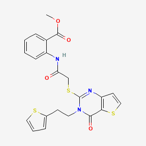 molecular formula C22H19N3O4S3 B6479154 methyl 2-[2-({4-oxo-3-[2-(thiophen-2-yl)ethyl]-3H,4H-thieno[3,2-d]pyrimidin-2-yl}sulfanyl)acetamido]benzoate CAS No. 1260912-51-3