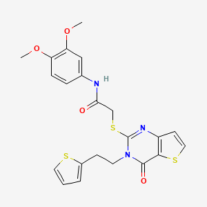 molecular formula C22H21N3O4S3 B6479167 N-(3,4-dimethoxyphenyl)-2-({4-oxo-3-[2-(thiophen-2-yl)ethyl]-3H,4H-thieno[3,2-d]pyrimidin-2-yl}sulfanyl)acetamide CAS No. 1260941-84-1