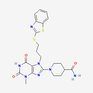 molecular formula C22H25N7O3S2 B6479678 1-{7-[3-(1,3-benzothiazol-2-ylsulfanyl)propyl]-3-methyl-2,6-dioxo-2,3,6,7-tetrahydro-1H-purin-8-yl}piperidine-4-carboxamide CAS No. 872627-74-2