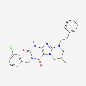 molecular formula C25H26ClN5O2 B6479754 3-[(3-chlorophenyl)methyl]-1,7-dimethyl-9-(2-phenylethyl)-1H,2H,3H,4H,6H,7H,8H,9H-pyrimido[1,2-g]purine-2,4-dione CAS No. 877616-30-3