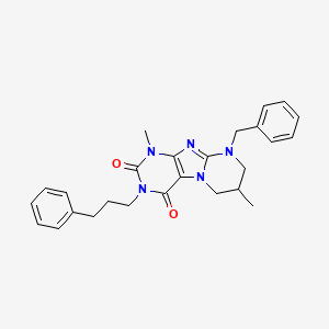 molecular formula C26H29N5O2 B6479857 9-benzyl-1,7-dimethyl-3-(3-phenylpropyl)-1H,2H,3H,4H,6H,7H,8H,9H-pyrimido[1,2-g]purine-2,4-dione CAS No. 876151-94-9
