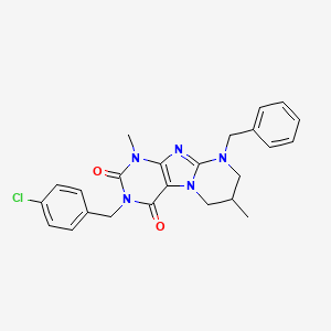 molecular formula C24H24ClN5O2 B6479864 9-benzyl-3-[(4-chlorophenyl)methyl]-1,7-dimethyl-1H,2H,3H,4H,6H,7H,8H,9H-pyrimido[1,2-g]purine-2,4-dione CAS No. 876151-86-9