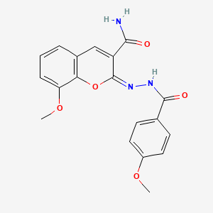 molecular formula C19H17N3O5 B6479937 (2E)-8-methoxy-2-{[(4-methoxyphenyl)formamido]imino}-2H-chromene-3-carboxamide CAS No. 941010-16-8