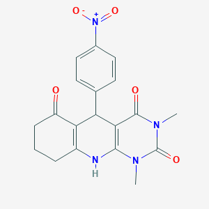 molecular formula C19H18N4O5 B6480180 1,3-dimethyl-5-(4-nitrophenyl)-1H,2H,3H,4H,5H,6H,7H,8H,9H,10H-pyrimido[4,5-b]quinoline-2,4,6-trione CAS No. 537008-54-1