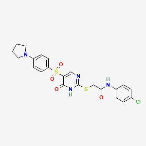 molecular formula C22H21ClN4O4S2 B6480622 N-(4-chlorophenyl)-2-({6-oxo-5-[4-(pyrrolidin-1-yl)benzenesulfonyl]-1,6-dihydropyrimidin-2-yl}sulfanyl)acetamide CAS No. 1223977-88-5