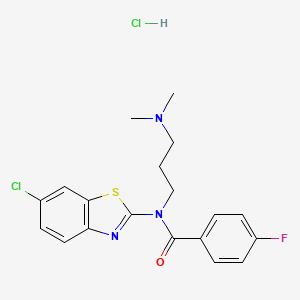 molecular formula C19H20Cl2FN3OS B6480834 N-(6-chloro-1,3-benzothiazol-2-yl)-N-[3-(dimethylamino)propyl]-4-fluorobenzamide hydrochloride CAS No. 1215831-06-3