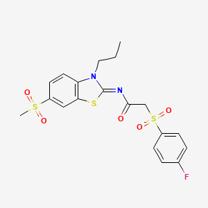 molecular formula C19H19FN2O5S3 B6481461 2-(4-fluorobenzenesulfonyl)-N-[(2Z)-6-methanesulfonyl-3-propyl-2,3-dihydro-1,3-benzothiazol-2-ylidene]acetamide CAS No. 898353-01-0