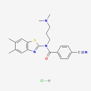 molecular formula C22H25ClN4OS B6481601 4-cyano-N-(5,6-dimethyl-1,3-benzothiazol-2-yl)-N-[3-(dimethylamino)propyl]benzamide hydrochloride CAS No. 1215376-17-2