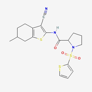 molecular formula C19H21N3O3S3 B6481697 N-(3-cyano-6-methyl-4,5,6,7-tetrahydro-1-benzothiophen-2-yl)-1-(thiophene-2-sulfonyl)pyrrolidine-2-carboxamide CAS No. 1098638-96-0