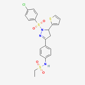 molecular formula C21H20ClN3O4S3 B6482069 N-{4-[1-(4-chlorobenzenesulfonyl)-5-(thiophen-2-yl)-4,5-dihydro-1H-pyrazol-3-yl]phenyl}ethane-1-sulfonamide CAS No. 851781-93-6