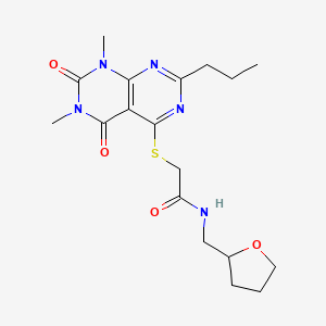 molecular formula C18H25N5O4S B6482081 2-({6,8-dimethyl-5,7-dioxo-2-propyl-5H,6H,7H,8H-[1,3]diazino[4,5-d]pyrimidin-4-yl}sulfanyl)-N-[(oxolan-2-yl)methyl]acetamide CAS No. 852171-38-1