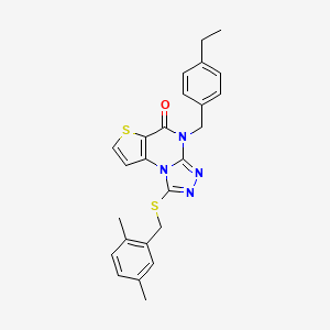 12-{[(2,5-dimethylphenyl)methyl]sulfanyl}-8-[(4-ethylphenyl)methyl]-5-thia-1,8,10,11-tetraazatricyclo[7.3.0.0^{2,6}]dodeca-2(6),3,9,11-tetraen-7-one