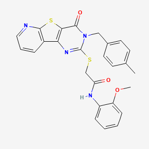molecular formula C26H22N4O3S2 B6482339 N-(2-methoxyphenyl)-2-({5-[(4-methylphenyl)methyl]-6-oxo-8-thia-3,5,10-triazatricyclo[7.4.0.0^{2,7}]trideca-1(9),2(7),3,10,12-pentaen-4-yl}sulfanyl)acetamide CAS No. 1223787-37-8