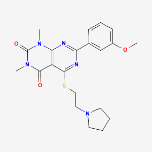 molecular formula C21H25N5O3S B6482458 7-(3-methoxyphenyl)-1,3-dimethyl-5-{[2-(pyrrolidin-1-yl)ethyl]sulfanyl}-1H,2H,3H,4H-[1,3]diazino[4,5-d]pyrimidine-2,4-dione CAS No. 872839-61-7