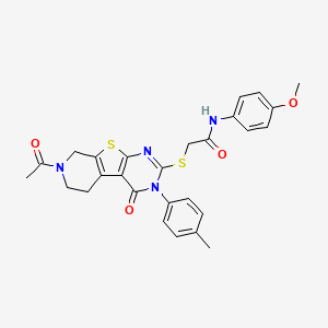 2-{[11-acetyl-4-(4-methylphenyl)-3-oxo-8-thia-4,6,11-triazatricyclo[7.4.0.0^{2,7}]trideca-1(9),2(7),5-trien-5-yl]sulfanyl}-N-(4-methoxyphenyl)acetamide
