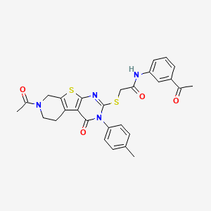 molecular formula C28H26N4O4S2 B6483338 2-{[11-acetyl-4-(4-methylphenyl)-3-oxo-8-thia-4,6,11-triazatricyclo[7.4.0.0^{2,7}]trideca-1(9),2(7),5-trien-5-yl]sulfanyl}-N-(3-acetylphenyl)acetamide CAS No. 1189470-35-6