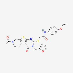 2-({11-acetyl-4-[(furan-2-yl)methyl]-3-oxo-8-thia-4,6,11-triazatricyclo[7.4.0.0^{2,7}]trideca-1(9),2(7),5-trien-5-yl}sulfanyl)-N-(4-ethoxyphenyl)acetamide