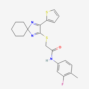 molecular formula C21H22FN3OS2 B6483355 N-(3-fluoro-4-methylphenyl)-2-{[3-(thiophen-2-yl)-1,4-diazaspiro[4.5]deca-1,3-dien-2-yl]sulfanyl}acetamide CAS No. 1223970-88-4