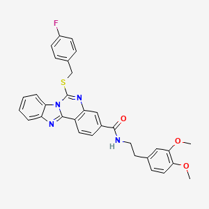 molecular formula C32H27FN4O3S B6483736 N-[2-(3,4-dimethoxyphenyl)ethyl]-9-{[(4-fluorophenyl)methyl]sulfanyl}-8,10,17-triazatetracyclo[8.7.0.0^{2,7}.0^{11,16}]heptadeca-1(17),2,4,6,8,11(16),12,14-octaene-5-carboxamide CAS No. 443670-96-0