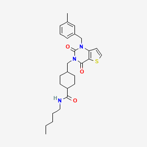molecular formula C27H35N3O3S B6485362 4-({1-[(3-methylphenyl)methyl]-2,4-dioxo-1H,2H,3H,4H-thieno[3,2-d]pyrimidin-3-yl}methyl)-N-pentylcyclohexane-1-carboxamide CAS No. 932500-10-2