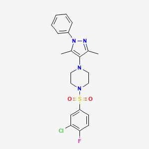 molecular formula C21H22ClFN4O2S B6486803 1-(3-chloro-4-fluorobenzenesulfonyl)-4-(3,5-dimethyl-1-phenyl-1H-pyrazol-4-yl)piperazine CAS No. 1251610-36-2