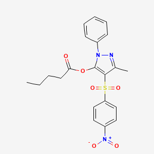 molecular formula C21H21N3O6S B6486965 3-methyl-4-(4-nitrobenzenesulfonyl)-1-phenyl-1H-pyrazol-5-yl pentanoate CAS No. 6245-36-9