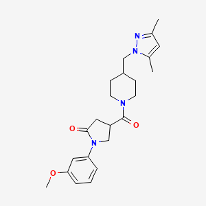 molecular formula C23H30N4O3 B6488390 4-{4-[(3,5-dimethyl-1H-pyrazol-1-yl)methyl]piperidine-1-carbonyl}-1-(3-methoxyphenyl)pyrrolidin-2-one CAS No. 1286710-38-0