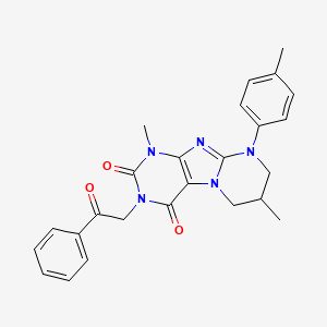 molecular formula C25H25N5O3 B6488702 1,7-dimethyl-9-(4-methylphenyl)-3-(2-oxo-2-phenylethyl)-1H,2H,3H,4H,6H,7H,8H,9H-pyrimido[1,2-g]purine-2,4-dione CAS No. 844451-83-8