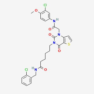 molecular formula C28H28Cl2N4O5S B6488807 6-(1-{[(3-chloro-4-methoxyphenyl)carbamoyl]methyl}-2,4-dioxo-1H,2H,3H,4H-thieno[3,2-d]pyrimidin-3-yl)-N-[(2-chlorophenyl)methyl]hexanamide CAS No. 865655-37-4