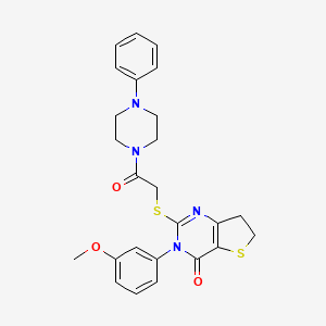 molecular formula C25H26N4O3S2 B6488850 3-(3-methoxyphenyl)-2-{[2-oxo-2-(4-phenylpiperazin-1-yl)ethyl]sulfanyl}-3H,4H,6H,7H-thieno[3,2-d]pyrimidin-4-one CAS No. 877654-81-4