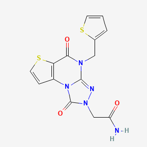 molecular formula C14H11N5O3S2 B6489605 2-{7,12-dioxo-8-[(thiophen-2-yl)methyl]-5-thia-1,8,10,11-tetraazatricyclo[7.3.0.0^{2,6}]dodeca-2(6),3,9-trien-11-yl}acetamide CAS No. 1359443-37-0