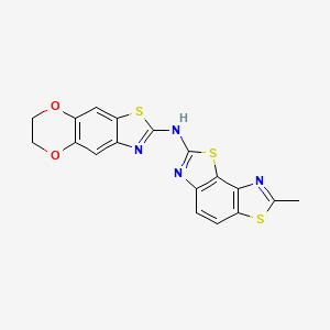 molecular formula C18H12N4O2S3 B6489699 N-{11-methyl-3,10-dithia-5,12-diazatricyclo[7.3.0.0^{2,6}]dodeca-1(9),2(6),4,7,11-pentaen-4-yl}-10,13-dioxa-4-thia-6-azatricyclo[7.4.0.0^{3,7}]trideca-1,3(7),5,8-tetraen-5-amine CAS No. 862976-97-4