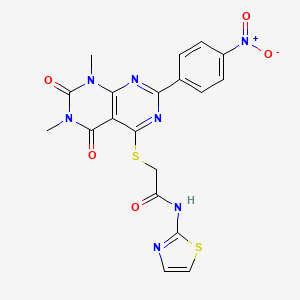 molecular formula C19H15N7O5S2 B6489745 2-{[6,8-dimethyl-2-(4-nitrophenyl)-5,7-dioxo-5H,6H,7H,8H-[1,3]diazino[4,5-d]pyrimidin-4-yl]sulfanyl}-N-(1,3-thiazol-2-yl)acetamide CAS No. 847190-61-8