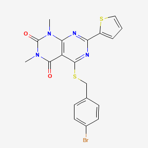 molecular formula C19H15BrN4O2S2 B6489766 5-{[(4-bromophenyl)methyl]sulfanyl}-1,3-dimethyl-7-(thiophen-2-yl)-1H,2H,3H,4H-[1,3]diazino[4,5-d]pyrimidine-2,4-dione CAS No. 847192-12-5