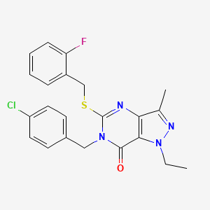 molecular formula C22H20ClFN4OS B6489878 6-[(4-chlorophenyl)methyl]-1-ethyl-5-{[(2-fluorophenyl)methyl]sulfanyl}-3-methyl-1H,6H,7H-pyrazolo[4,3-d]pyrimidin-7-one CAS No. 1359218-04-4