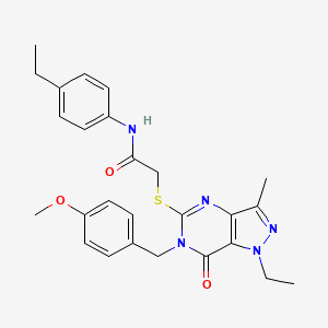 molecular formula C26H29N5O3S B6489922 2-({1-ethyl-6-[(4-methoxyphenyl)methyl]-3-methyl-7-oxo-1H,6H,7H-pyrazolo[4,3-d]pyrimidin-5-yl}sulfanyl)-N-(4-ethylphenyl)acetamide CAS No. 1358373-12-2