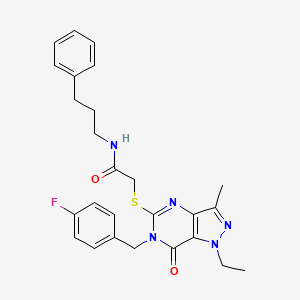 molecular formula C26H28FN5O2S B6489989 2-({1-ethyl-6-[(4-fluorophenyl)methyl]-3-methyl-7-oxo-1H,6H,7H-pyrazolo[4,3-d]pyrimidin-5-yl}sulfanyl)-N-(3-phenylpropyl)acetamide CAS No. 1358526-98-3